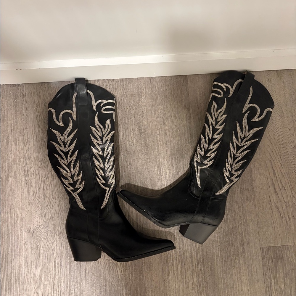 Oasis Society Black Embroidered Western Knee-High Boots